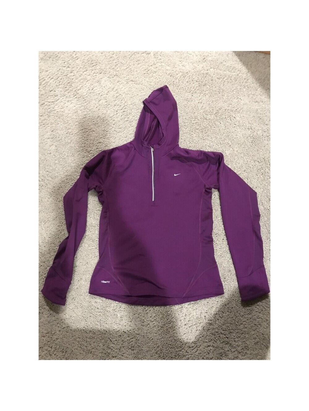 Women's NIKE fitDRY purple hooded long sleeve shirt warm M MEDIUM NIKEFIT runnin